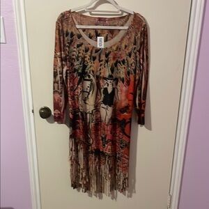 Red and Brown fringed Midi Dress with Scoop Neck